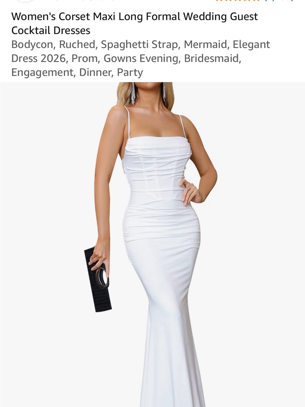Women's White Ruched Corset Maxi Dress - Elegant Spaghetti Strap Gown